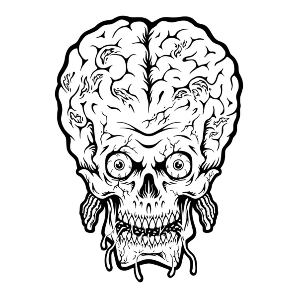 Monster Zombie Hoofd Schedel Hersenen Zwart Wit Vector Illustraties Voor — Stockvector