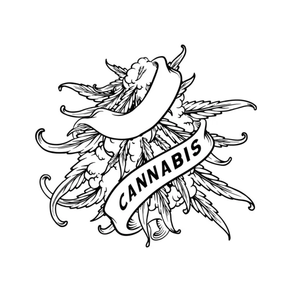 Κάνναβη Φύλλα Κάνναβης Φυτό Scroll Κορδέλα Στολίδι Μονόχρωμες Διανυσματικές Απεικονίσεις — Διανυσματικό Αρχείο