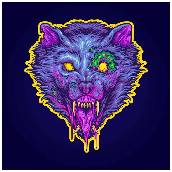 Scary Zombie Monster Wolf Head Logo Cartoon Illustrations Vector Para — Vector de stock