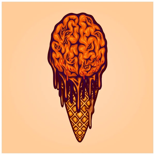 Spooky Chocolate Helado Zombie Cerebro Logo Dibujos Animados Vector Ilustraciones — Archivo Imágenes Vectoriales