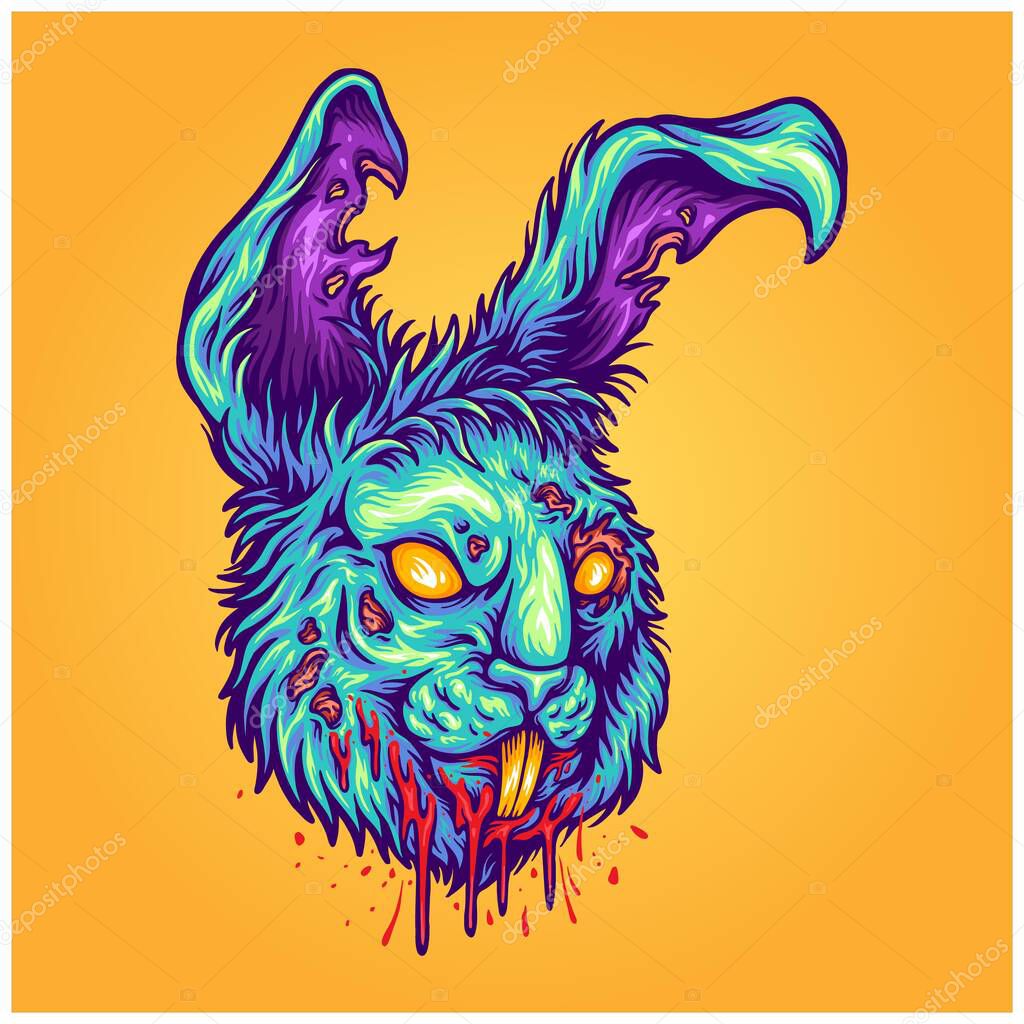 Spooky monster zombie bunny head logo cartoon illustrations vector for your work logo, merchandise t-shirt, stickers and label designs, poster, greeting cards advertising business company or brands