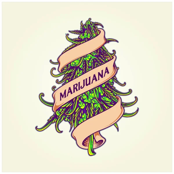 Marijuana Bud Växt Ogräs Blad Med Band Prydnad Logotyp Illustrationer — Stock vektor