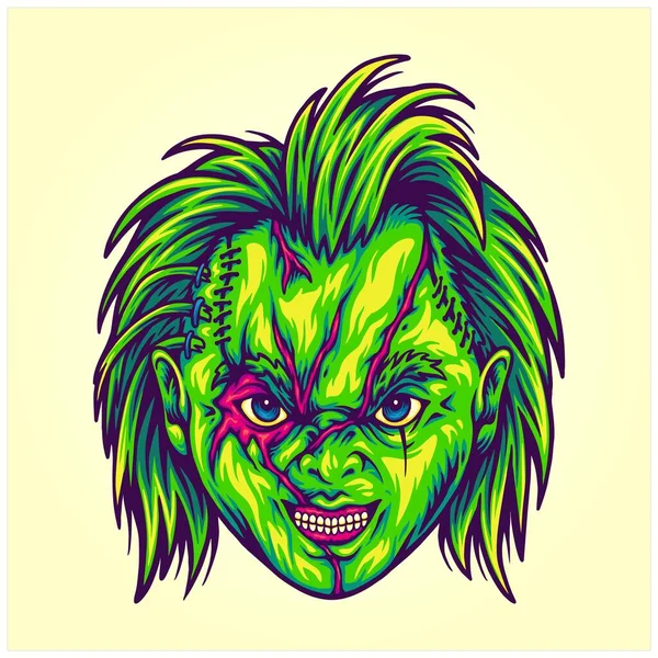 Spookachtige Zombie Poppen Hoofd Logo Cartoon Illustraties Vector Voor Werk — Stockvector