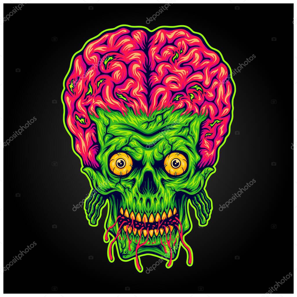 Creepy head skull zombie monster head logo cartoon illustrations vector for your work logo, merchandise t-shirt, stickers and label designs, poster, greeting cards advertising business company or brands