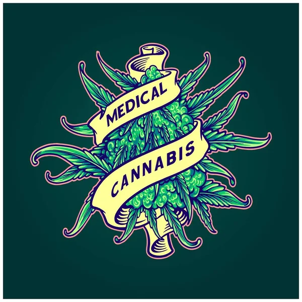 Cannabis Bourgeon Plante Herbe Médicinale Feuille Rouleau Ruban Ornement Logo — Image vectorielle