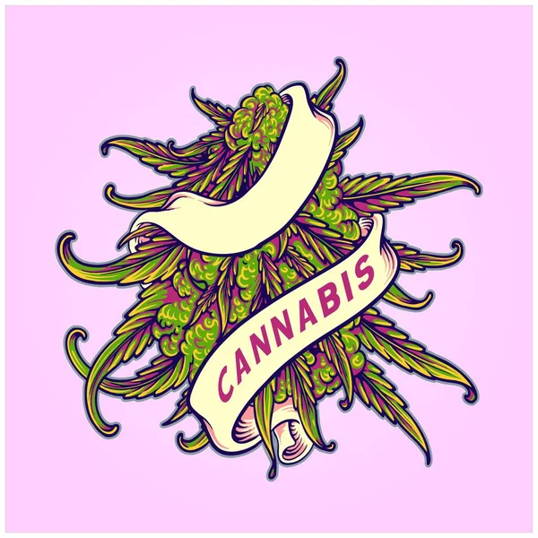 Cannabis Knopp Sativa Ogräs Blad Växt Virvel Band Logotyp Illustrationer — Stock vektor