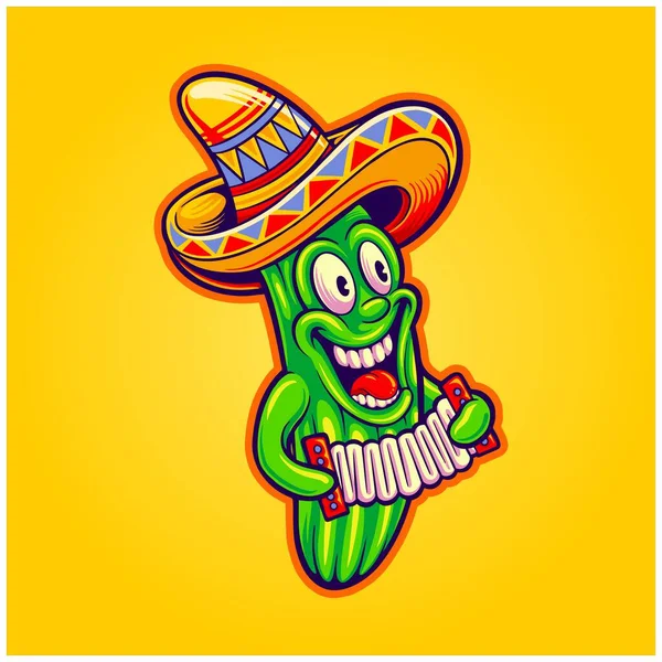 Funny Mexican Cactus Playing Accordion Sombrero Cinco Mayo Logo Illustrations — Archivo Imágenes Vectoriales
