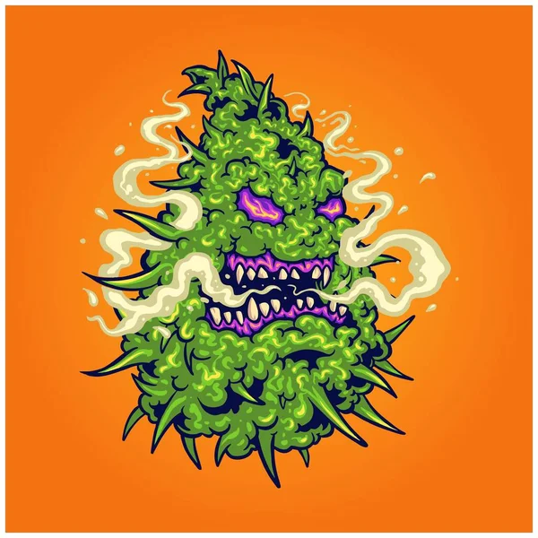 무서운 몬스터 Cannabis 스쿼시 나뭇잎 티셔츠 스티커 디자인 포스터 광고판 — 스톡 벡터