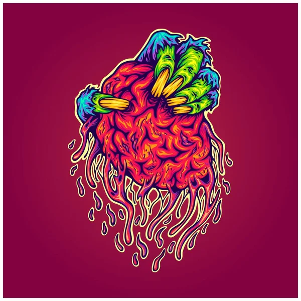 Skrämmande Zombie Hand Hålla Monster Hjärna Logotyp Tecknad Illustrationer Vektor — Stock vektor