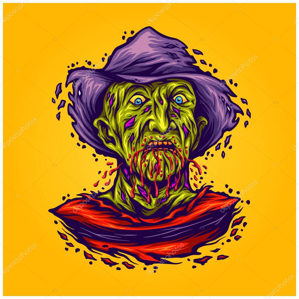 Scary monster zombie krueger face bloody melted logo cartoon illustrations vector for your work logo, merchandise t-shirt, stickers and label designs, poster, greeting cards advertising business company or brands