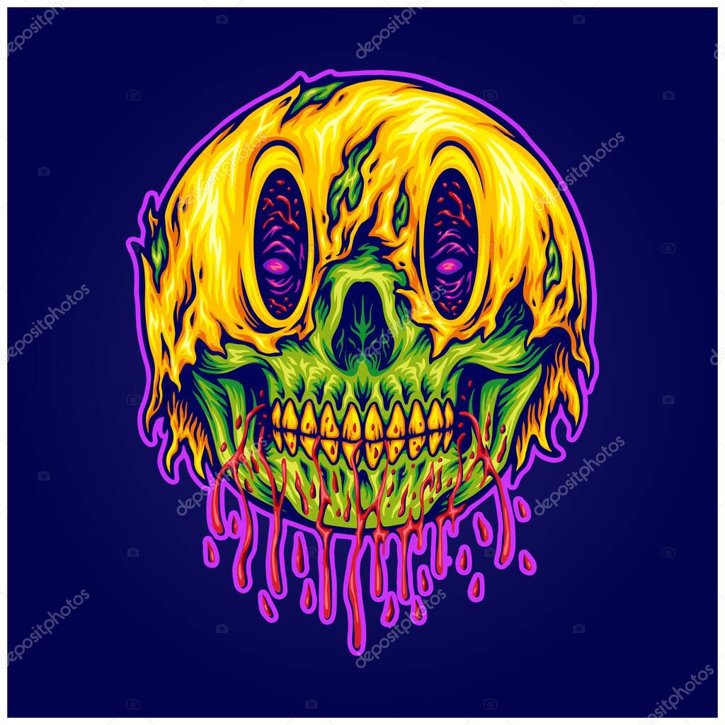 Scary zombie skull melted smiley emoticons cartoon illustrations vector for your work logo, merchandise t-shirt, stickers and label designs, poster, greeting cards advertising business company or brands