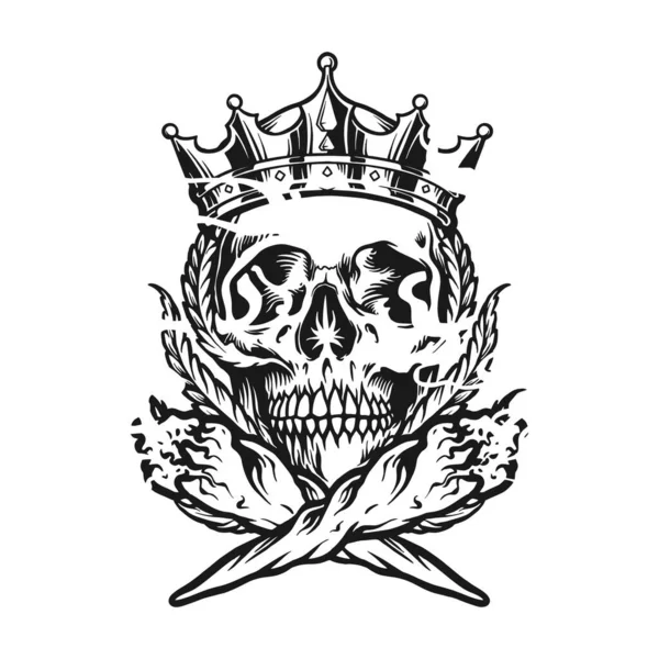 Cabeça Crânio Rei Coroa Conjunta Fumar Ervas Daninhas Ilustrações Vetor — Vetor de Stock