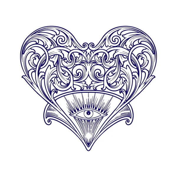 Clásico Elegante Corazón Victoriano Remolino Florecer Ornamento Con Ojo Ilustraciones — Archivo Imágenes Vectoriales