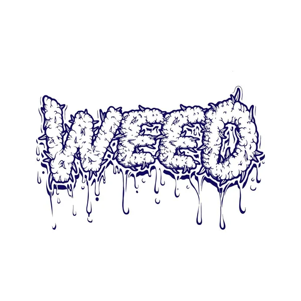 Weed Word Lettering Cannabis Efeito Fumaça Folha Ilustração Vetor Monocromático — Vetor de Stock
