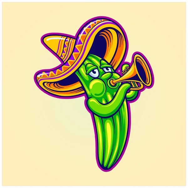 Cinco Mayo Kaktüsü Meksika Şapkası Illüstrasyon Vektörü Ile Trompet Çalıyor — Stok Vektör