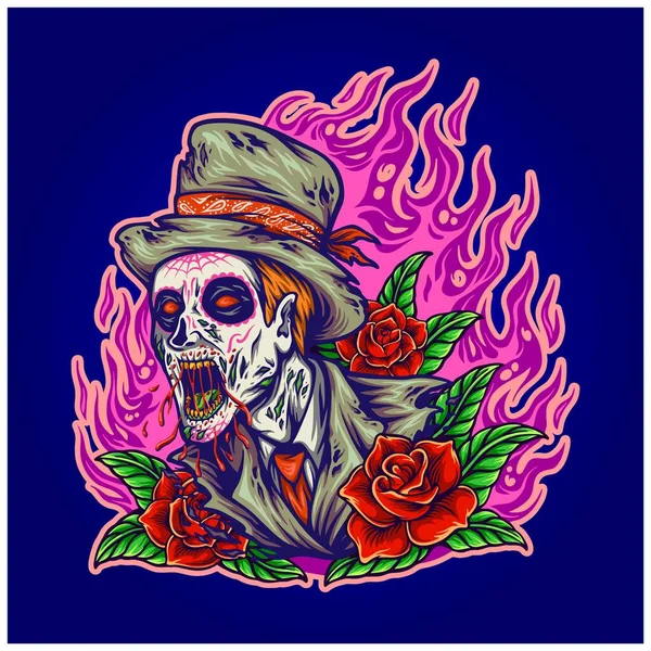 Cráneo Azúcar Zombie Dia Los Muertos Con Flor Rosa Ilustración — Vector de stock
