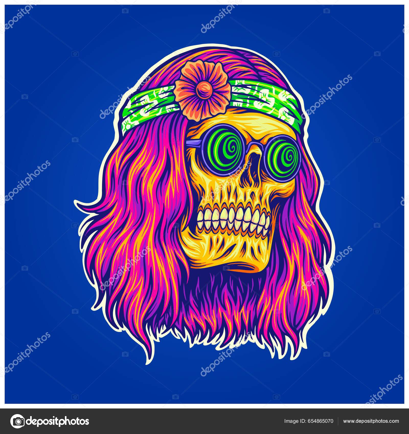 Trippy Skull Face Wearing Psychedelic Glasses Hippie Illustrations ...
