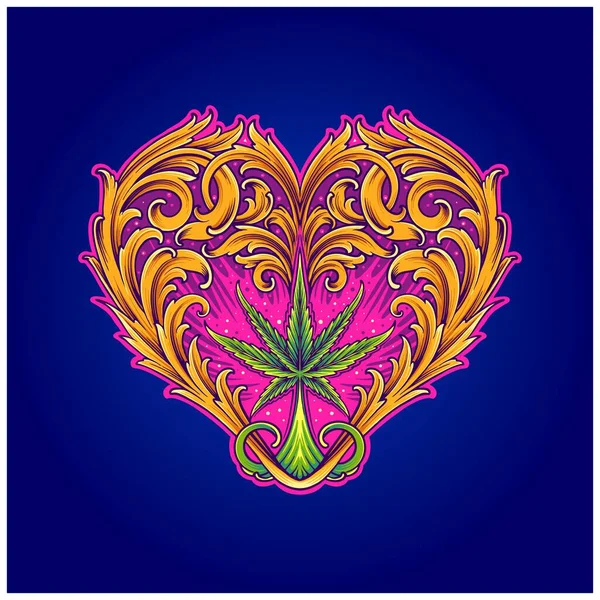 Engraving Ornament Classic Heart Frame Sacred Marijuana Illustrations Vector Your — Vetor de Stock
