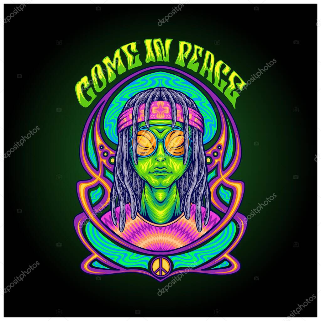 Hippies alien come in peace with art nouveau frame illustrations vector for your work logo, merchandise t-shirt, stickers and label designs, poster, greeting cards advertising business company or brands