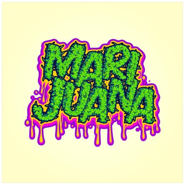 Erimiş çiçek tomurcukları içeren marihuana yazı tipi kelime iş logonuz, ticari tişörtünüz, çıkartmalarınız ve etiket tasarımlarınız için harf illüstrasyonları vektörü, poster, tebrik kartları reklam şirketi veya markalarınız için