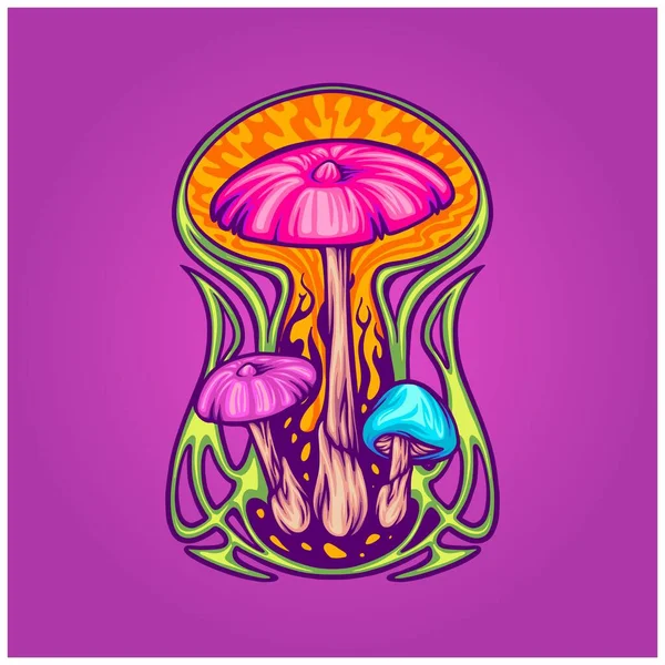 Magische Pilz Psycho Pflanze Mit Jugendstil Hintergrund Rahmen Illustrationen Vektor — Stockvektor