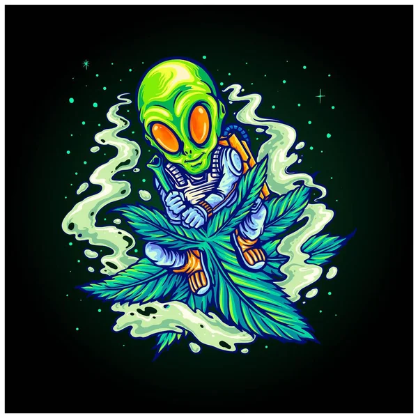 Astronauta Obcy Rejs Kosmosie Cannabis Wspólne Ilustracje Rakietowe Wektor Logo — Wektor stockowy