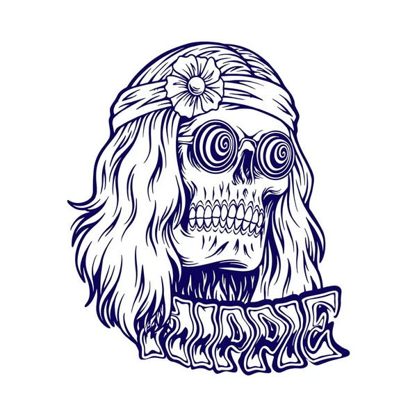 Cool Hippie Schedel Hoofd Bloem Hoofdbanden Logo Illustraties Silhouet Vector — Stockvector