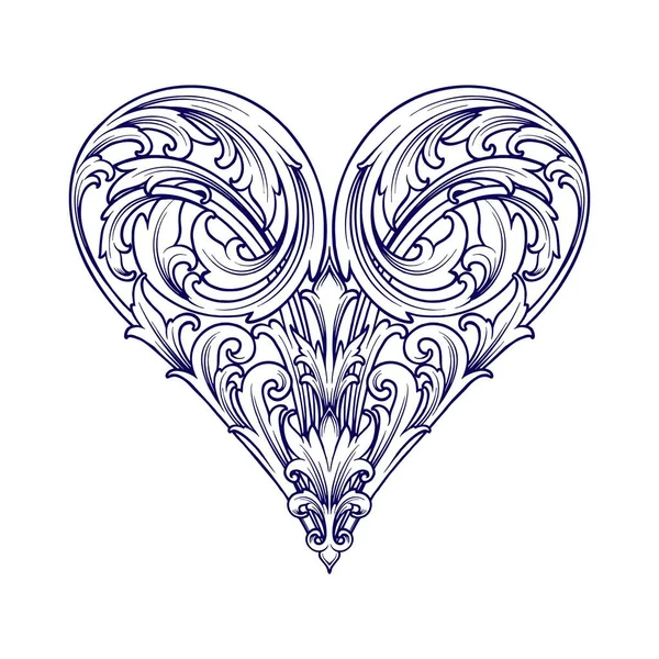 Luxury Vintage Petals Heart Flourish Engraving Ornament Silhouette Vector Illustrations — Stock Vector