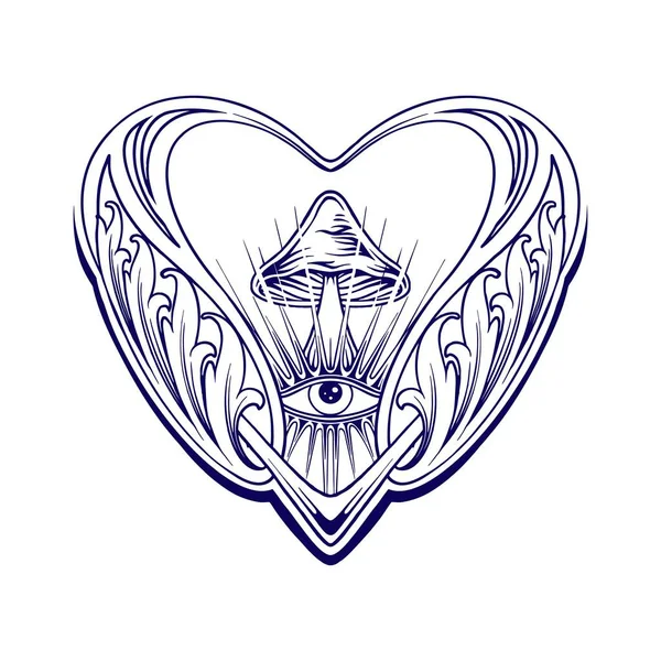 Vintage Magic Mushrooms Heart Classic Engraving Ornament Outline Vector Illustrations — Stock Vector