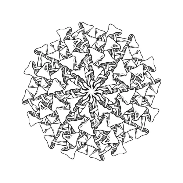 Géométrie Mandala Psychédélique Champignons Magiques Ornement Illustrations Vectorielles Monochromes Pour — Image vectorielle
