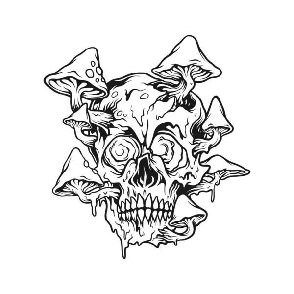 Psychedelic Trippy Mushrooms Zombie Monster Skull Head Logo Illustrations Monochrome — Vetor de Stock