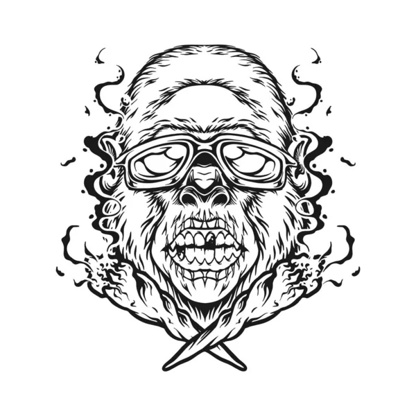Effrayant Funky Zombie Gorille Monstre Fumer Marijuana Logo Illustration Silhouette — Image vectorielle