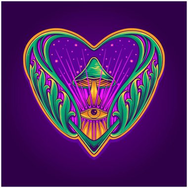 Psilocybin mushrooms engraved petal ornament heart shaped illustrations vector illustrations for your work logo, merchandise t-shirt, stickers and label designs, poster, greeting cards advertising business company or brands clipart