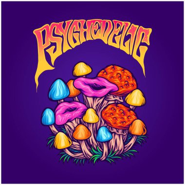 Psikedelik mantar yenilebilir halüsinojenik sporlar iş logonuz için aile çizimleri, ticari tişört, çıkartmalar ve etiket tasarımları, poster, tebrik kartları reklam şirketleri veya markalar için çizimler
