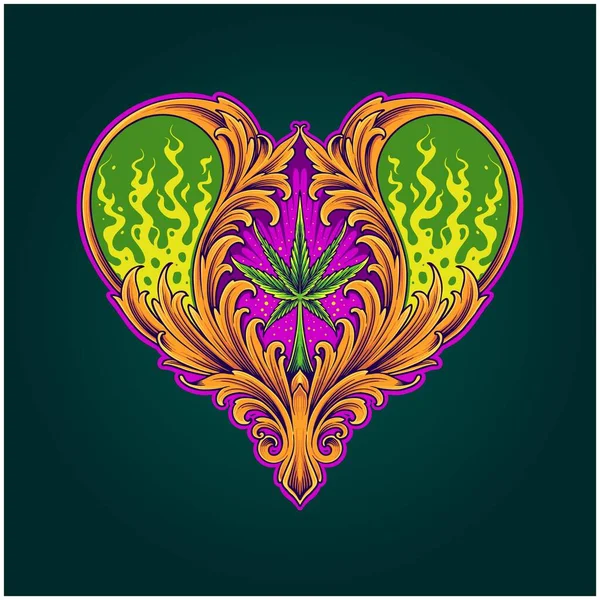 Royal Gravura Coração Forma Ornamento Folha Cannabis Ilustrações Vetor Ilustrações — Vetor de Stock