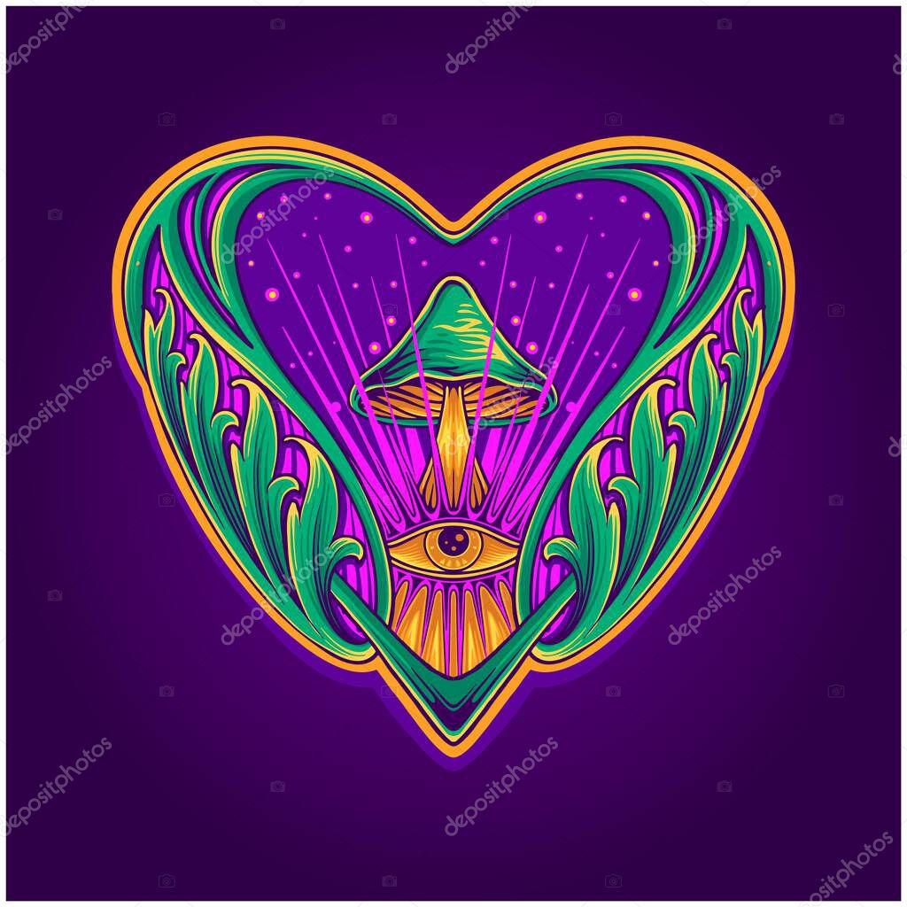 Psilocybin mushrooms engraved petal ornament heart shaped illustrations vector illustrations for your work logo, merchandise t-shirt, stickers and label designs, poster, greeting cards advertising business company or brands