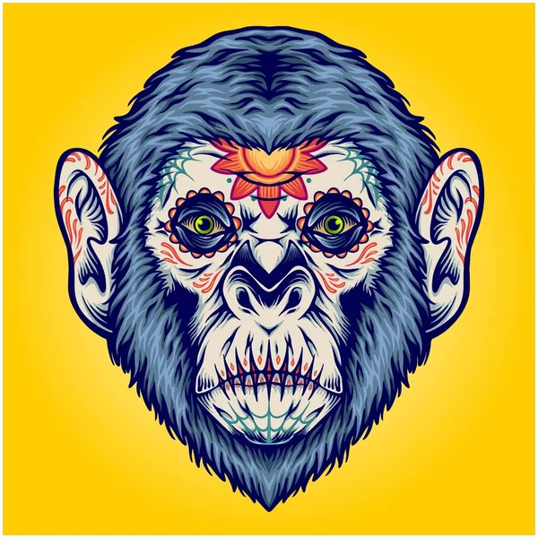 Dia Las Muertos Şeker Kafalı Maymun Kafa Çizim Vektörü Logonuz — Stok Vektör