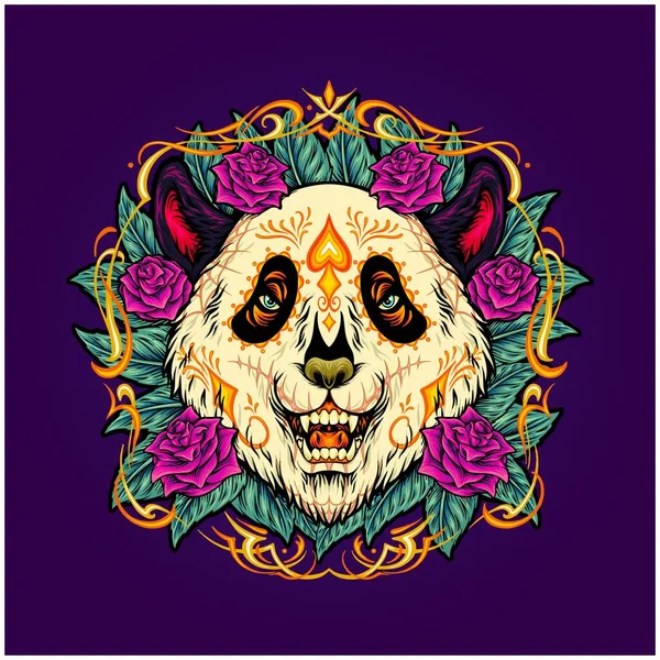 Sugar Skull Panda Head Floral Background Illustrations Vector Illustrations Your — Stock Vector