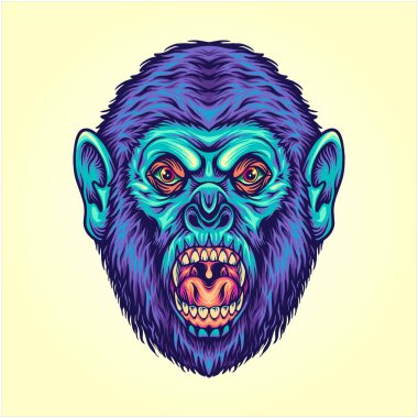 Öfkeli goril, iş logonuz için vahşi primat çizimleri vektör çizimleri, ticari tişörtler, çıkartmalar ve etiket tasarımları, poster, tebrik kartları reklam şirketleri veya markalar için çizimler ile karşı karşıya.