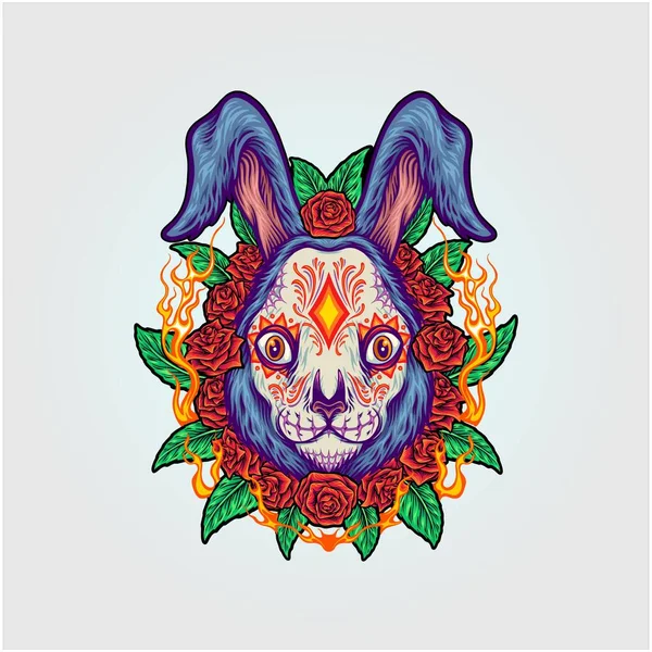 Cabeza Conejo Dia Los Muertos Con Floreciente Marco Rosa Ilustraciones — Vector de stock