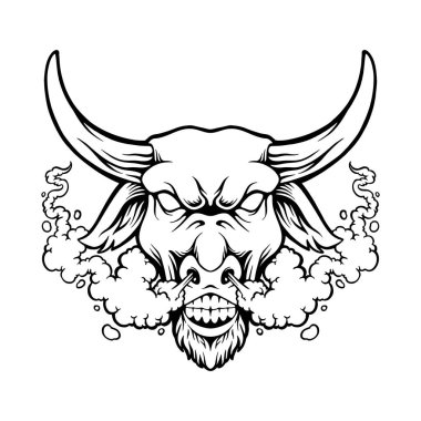 İş logosu, ticari tişört, çıkartma ve etiket tasarımları, poster, tebrik kartı reklam şirketi veya markalar için tek renkli vektör çizimleri tüttüren kızgın boğa kafası.