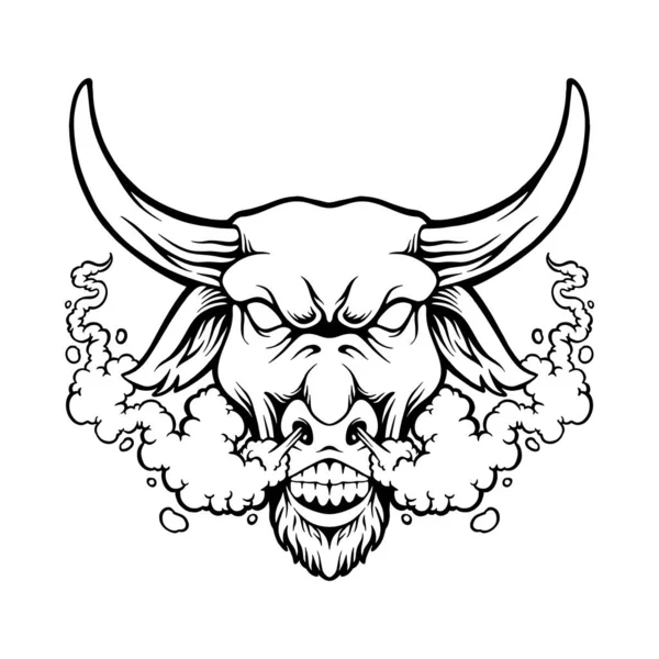 喫煙雑草のロゴのイラストと怒っている牛の頭あなたの仕事のロゴのためのモノクロベクトルイラスト 商品Tシャツ ステッカーやラベルデザイン ポスター グリーティングカード広告事業会社やブランド — ストックベクタ