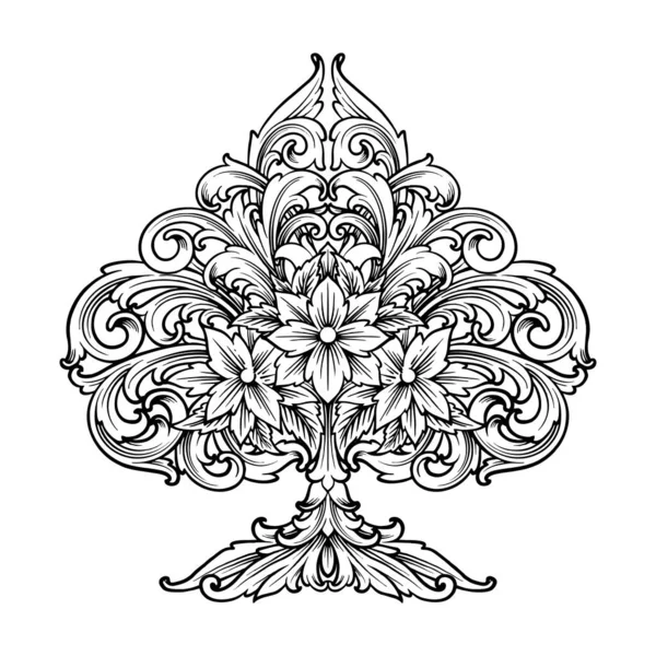 Luxus Klassische Pik Karte Wirbel Gedeihen Ornament Logo Illustrationen Silhouette — Stockvektor