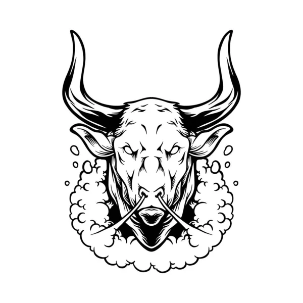 Zombie Bull Head Uitademen Rook Logo Illustraties Monochrome Vector Illustraties — Stockvector