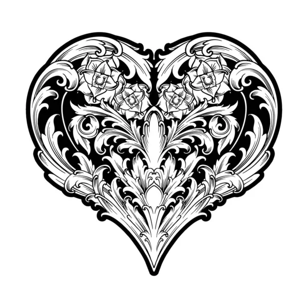 Vintage Elegant Engraved Petal Heart Shape Ornament Illustrations Monochrome Vector — Stock Vector