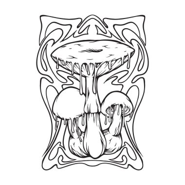 Sihirli mantarlar halüsinojenik sanat yeni çerçeve çizimleri iş logonuz için siluet vektör çizimleri, ticari tişörtler, çıkartmalar ve etiket tasarımları, poster, reklam şirketleri veya markalar için tebrik kartları.