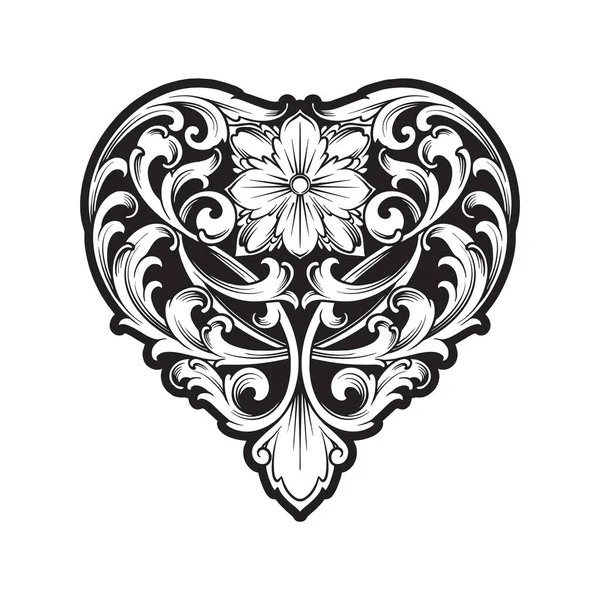 Lujo Clásico Grabado Pétalos Corazón Forma Florecer Ornamento Silueta Vector — Archivo Imágenes Vectoriales