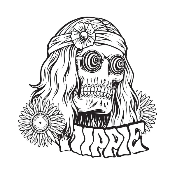 Trippy Hippie Crânio Cabeça Boêmio Estilo Logotipo Ilustrações Silhueta Vetor — Vetor de Stock