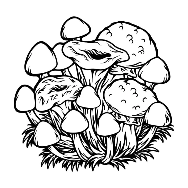 Psychedelic Harvest Trippy Mushroom Botanical Garden Delights Monochrome Vector Illustrations — Stock Vector