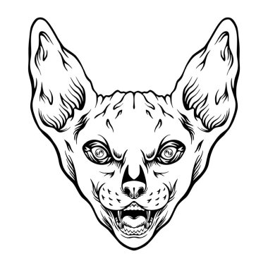 İş logonuz, ticari tişörtünüz, çıkartmalarınız ve etiket tasarımlarınız, poster, tebrik kartları reklam şirketiniz veya markalarınız için neşeli ifade içeren komik bıyıklı sfenks kedi kafası monokrom vektör çizimleri